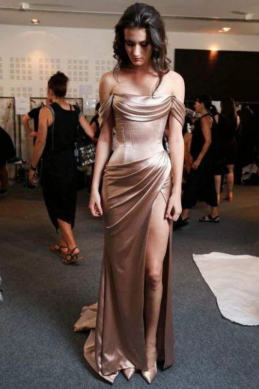 Simple Off The Shoulder Sheath Evening Gown Ruffles Split Sweep Train