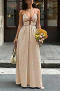 Striped Print V Neck Sleeveless Backless Holiday Maxi Dress