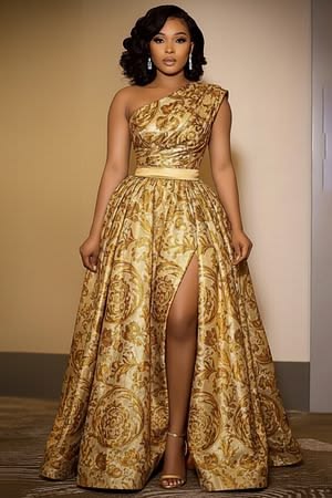One Shoulder Sleeveless Tribal Pattern Party Maxi Dress Gold