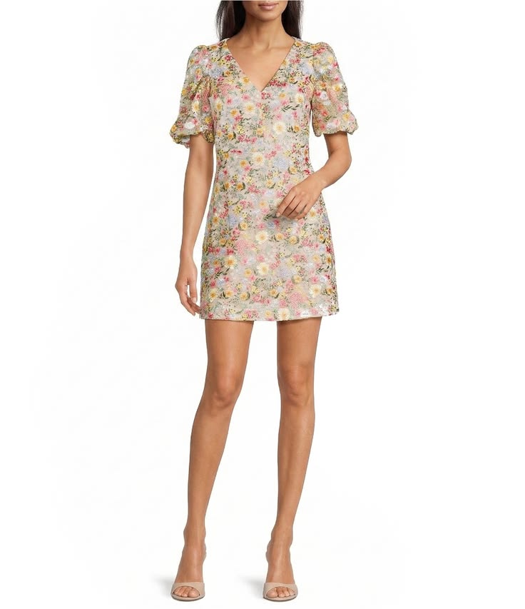 Eliza J Petite Size Floral Print Embroidered Mesh V-Neck Short