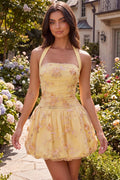 Floral Yellow Halter A Line Short Corset Homecoming Dress Yellow