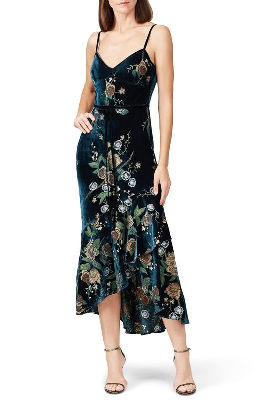 Embroidered Velvet High Low Dress