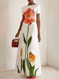 Short Sleeves Flower Print Boat Neck Maxi Dress White