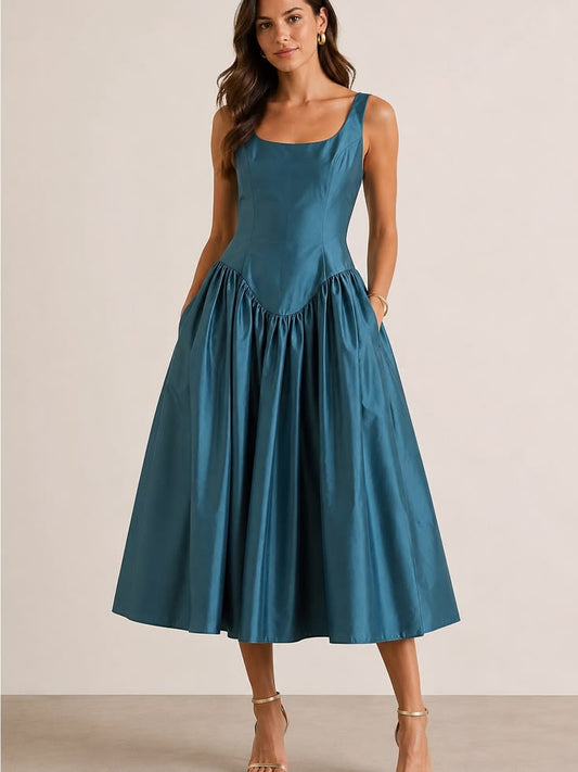 Amanda Uprichard Dress Amanda Uprichard Teal Taffeta Scoop Neck Midi