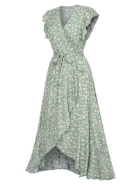 Green 1940s V Neck Ditsy Floral Irregular Hem Dress Green