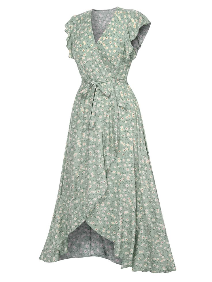 Green 1940s V Neck Ditsy Floral Irregular Hem Dress Green