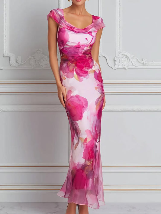 Fuchsia Watercolor Cowl Neck Mermaid Dress Pink 2