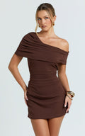 Kairose Mini Dress Asymmetrical Sleeve Dress In Chocolate