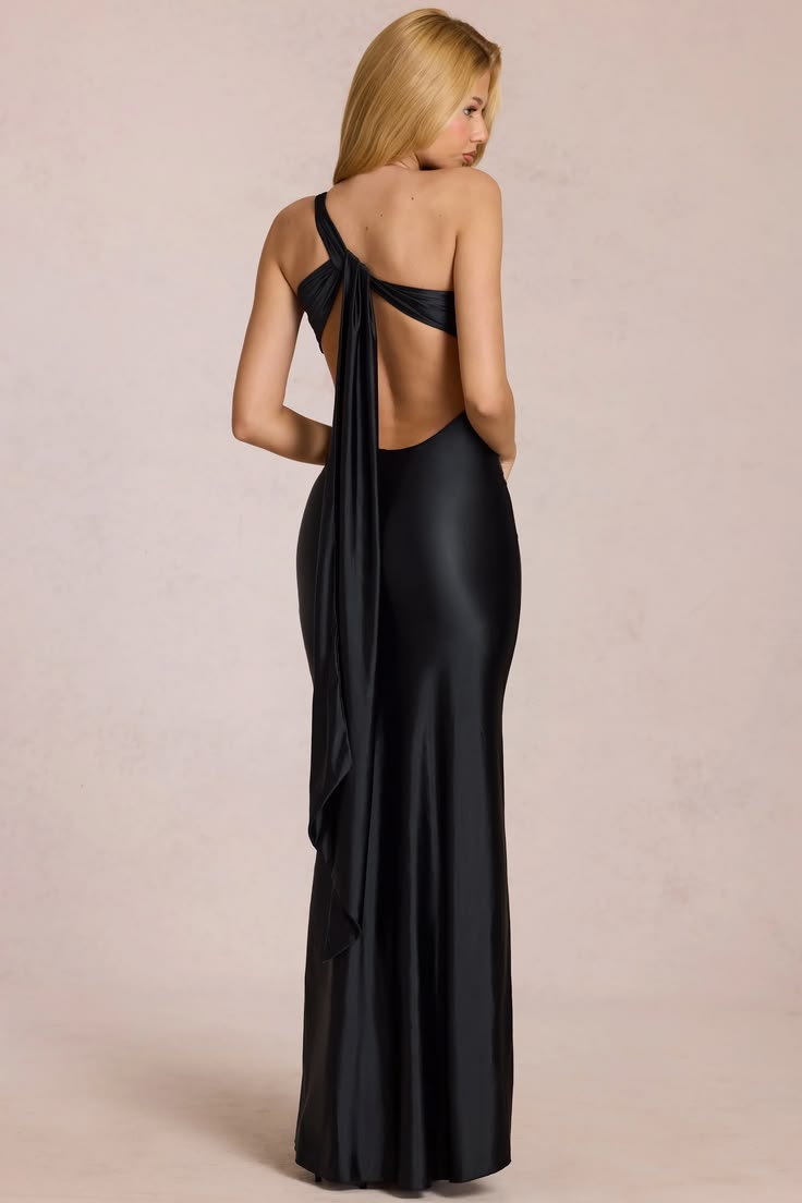 Adelina Asymmetric Tie Back Gown In Black