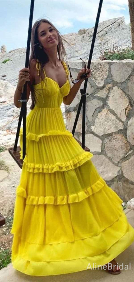 Gorgeous Yellow Chiffon V-neck Spaghetti Strap A-line Long Tiered Ruffle Prom Dress,PD381852 - US4 / Custom Color(leaving a note)