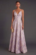 Dusty Lilac Floral A Line Jacquard Long Wedding Guest Dress