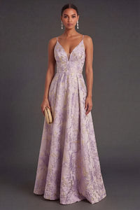Dusty Lilac Floral A Line Jacquard Long Wedding Guest Dress