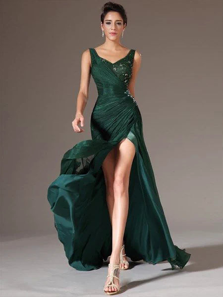 Emerald Green V Neck Beaded Long Organza Prom Dress With Split