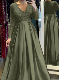 Missacc Olive Green Evening Dress A Line V Neck Long Sleeves Satin