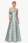 Petite Judith Brocade One Shoulder A Line Floor Length Dress Sage