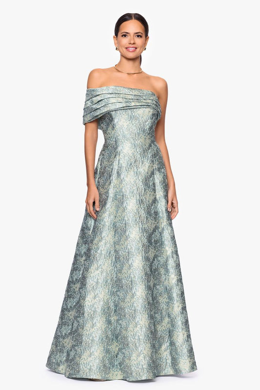 Petite Judith Brocade One Shoulder A Line Floor Length Dress Sage