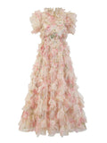 Sweet Floral Print Short Puffy Sleeve Ruffle Tulle Bridesmaid Dress