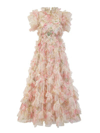 Sweet Floral Print Short Puffy Sleeve Ruffle Tulle Bridesmaid Dress