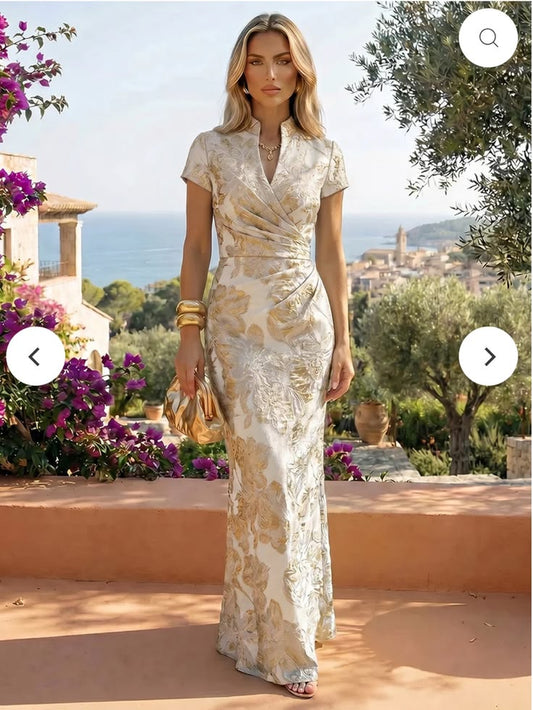 Shiree Dress Shiree Elegant Champagne Gold Floral Wrap Maxi Dress