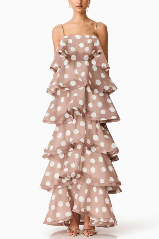 Polka Dot Print Layered Square Neck Suspender Casual A Line Maxi Dress
