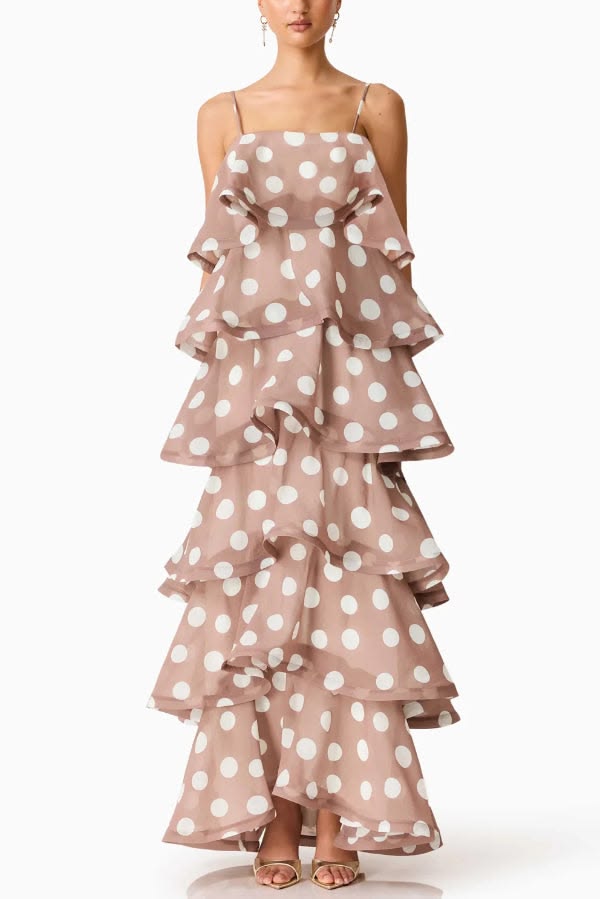 Polka Dot Print Layered Square Neck Suspender Casual A Line Maxi Dress
