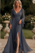 Dark Grey Mermaid Wrap Long Sleeves Ruffled Chiffon Long Mother Of The