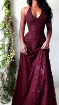 Vintage Mermaid Purple Lace Halter Prom Dress Long Evening Party Dress