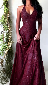 Vintage Mermaid Purple Lace Halter Prom Dress Long Evening Party Dress