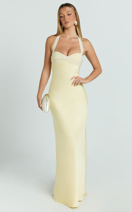 Flynn Maxi Dress Satin Halter Sweetheart Neck Dress In Butter Yellow
