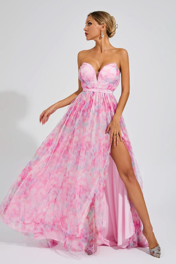 Noveify Sheila Pink Floral Slit Off Shoulder Dress, Pink
