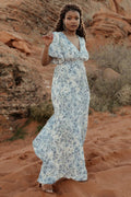 Verona Smocked Maxi White & Blue Print Dress