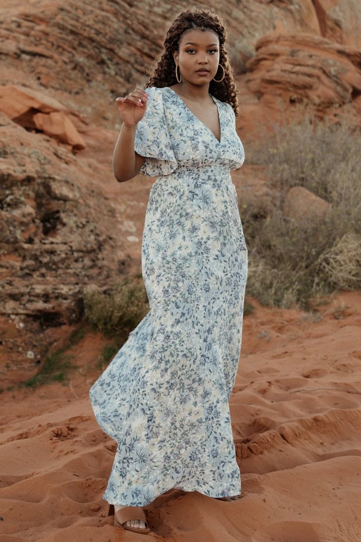 Verona Smocked Maxi White & Blue Print Dress