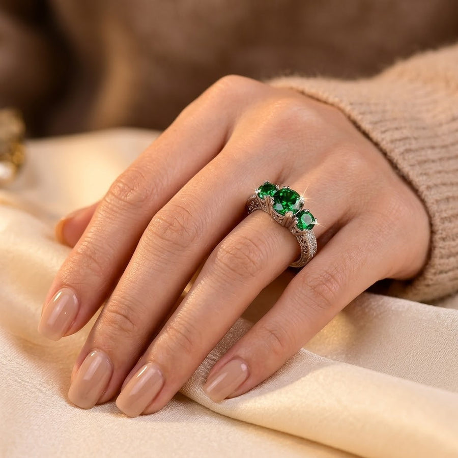 Silver Emerald Three-Stone Ring