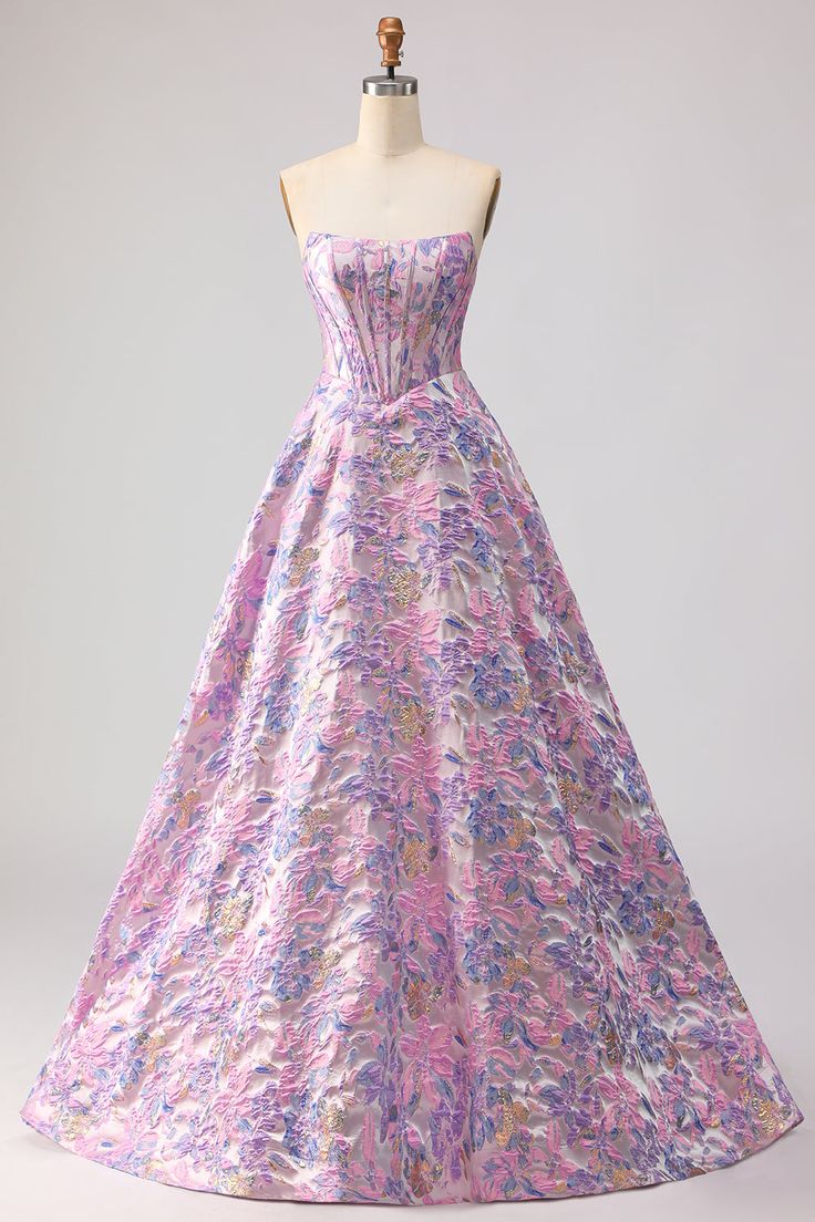 Lilac Strapless A Line Satin Corset Jacquard Brocade Long Prom Dress
