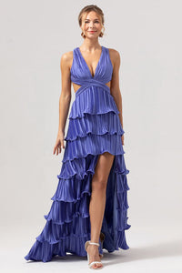 Purple A Line V Neck Pleated Tiered Lace Up Back Long Bridesmaid Dress