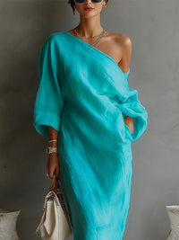 Women's Casual Cotton Linen Maxi Dress With Pockets, Asymmetrical One
