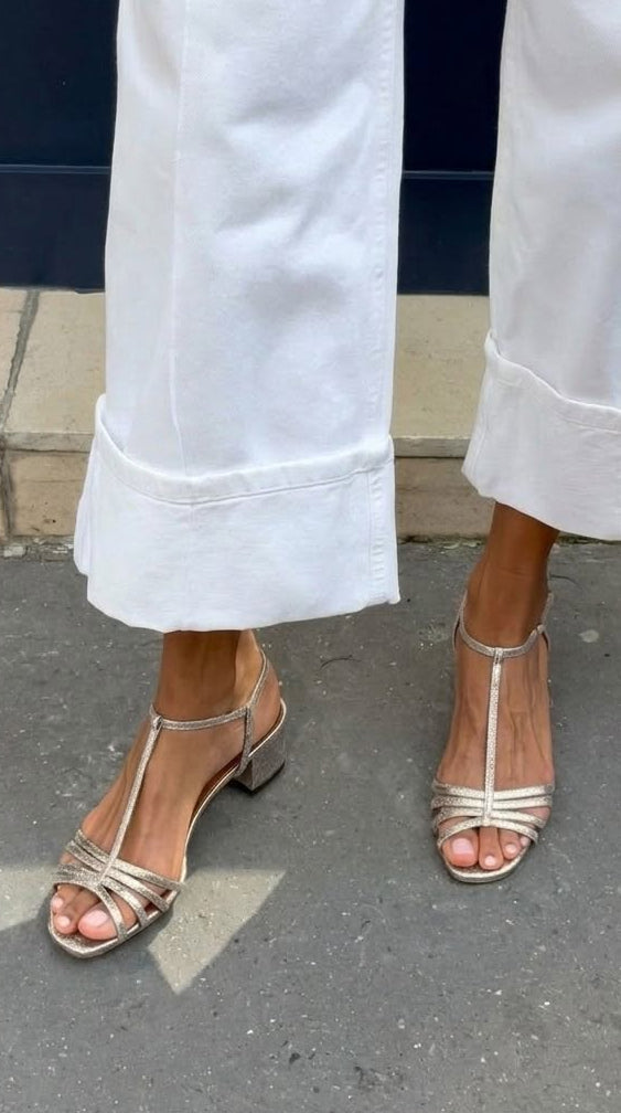 Freya – Metallic T-Bar Buckle Block Heel Sandals