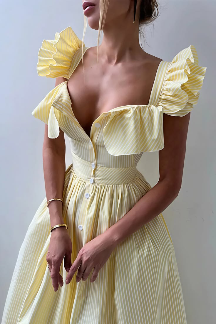 Ruffle Striped Square Collar Midi Dress