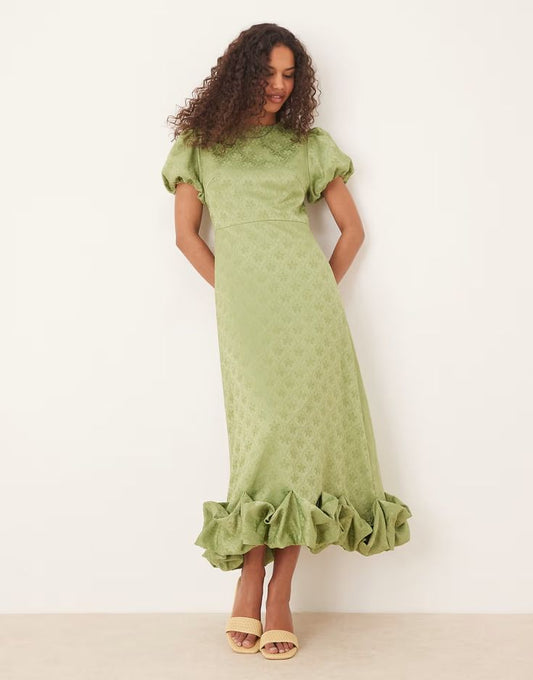 Sister Jane Puff Sleeve Bubble Hem Maxi Dress In Soft Olive