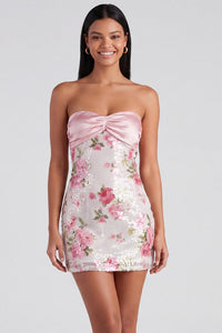 Strapless Sequins Tight Short Sparkly Light Pink Floral Homecoming