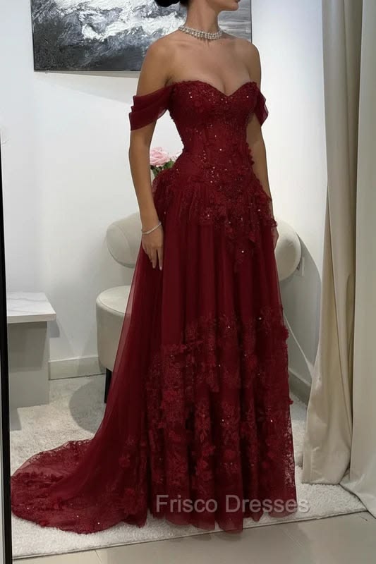 Off Shoulder Appliques Tulle A Line Corset Prom Dress Burgundy