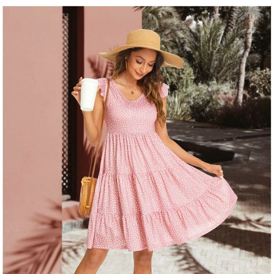Maloura Dress Charming Pink Polka Dot Midi Dress Color: Pink White
