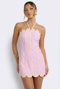 Lenny Scalloped Linen Halter Mini Dress Pink