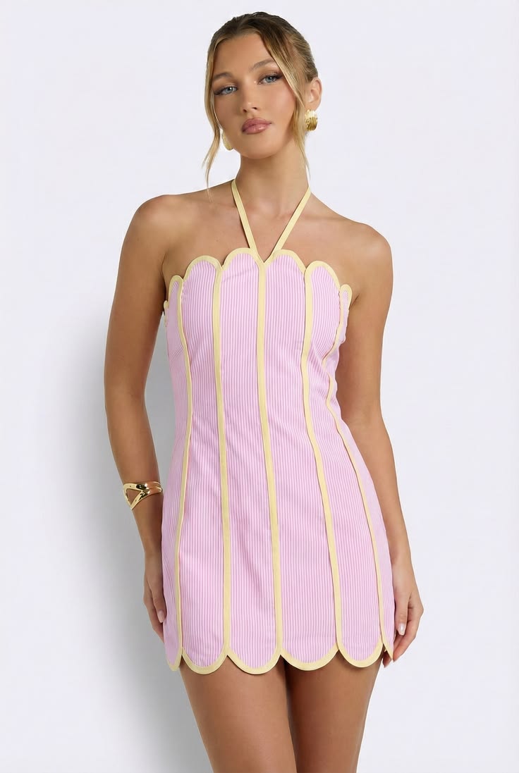 Lenny Scalloped Linen Halter Mini Dress Pink