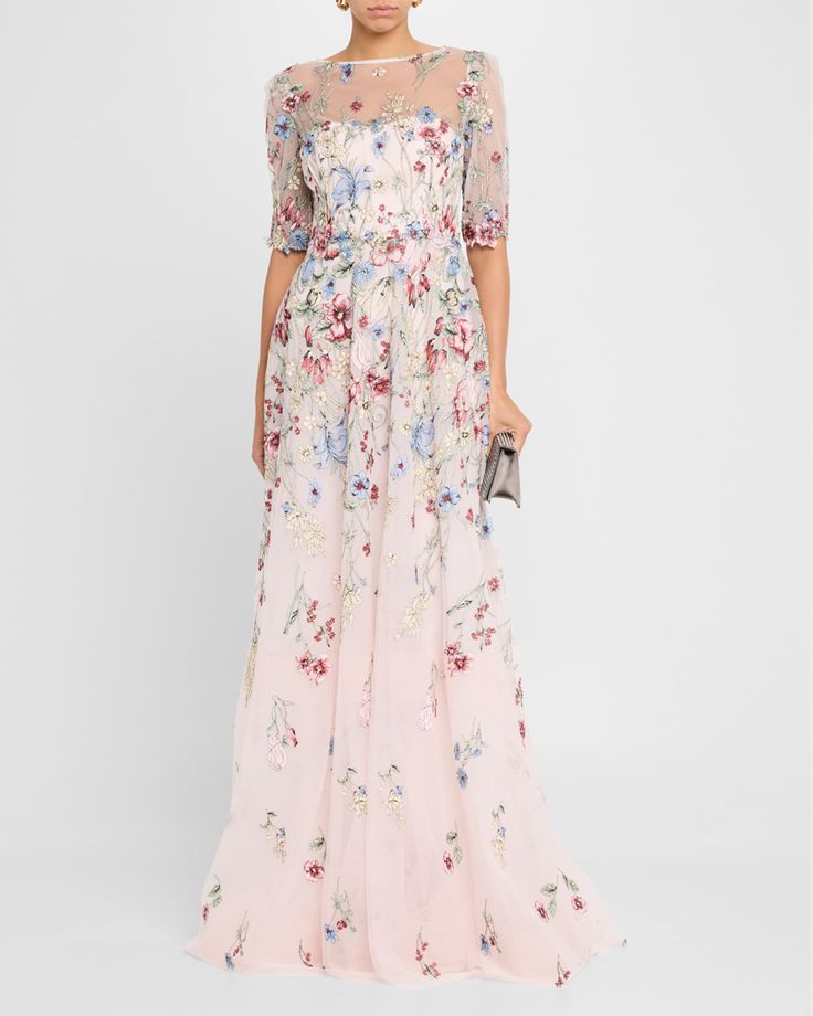 Rickie Freeman For Teri Jon Floral Embroidered Illusion Tulle Gown