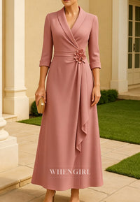 V Neck 3 4 Sleeves Ankle Length Column Mother Of The Bride Dress