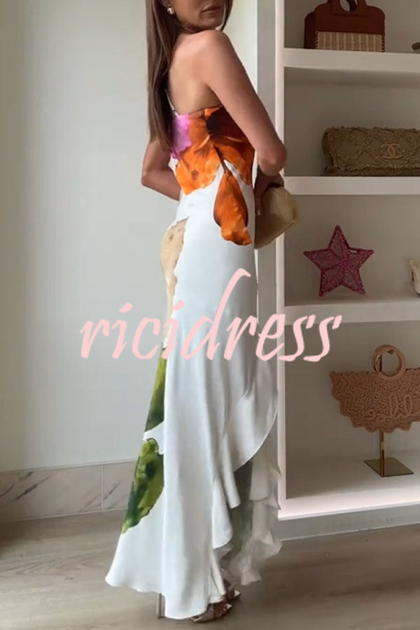 Love Filled Floral Print One Shoulder Side Ruffles Maxi Slip Dress