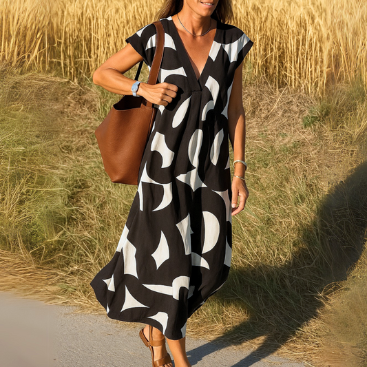 Adelheid | Women's V Neck Geometric Print Midi Dress