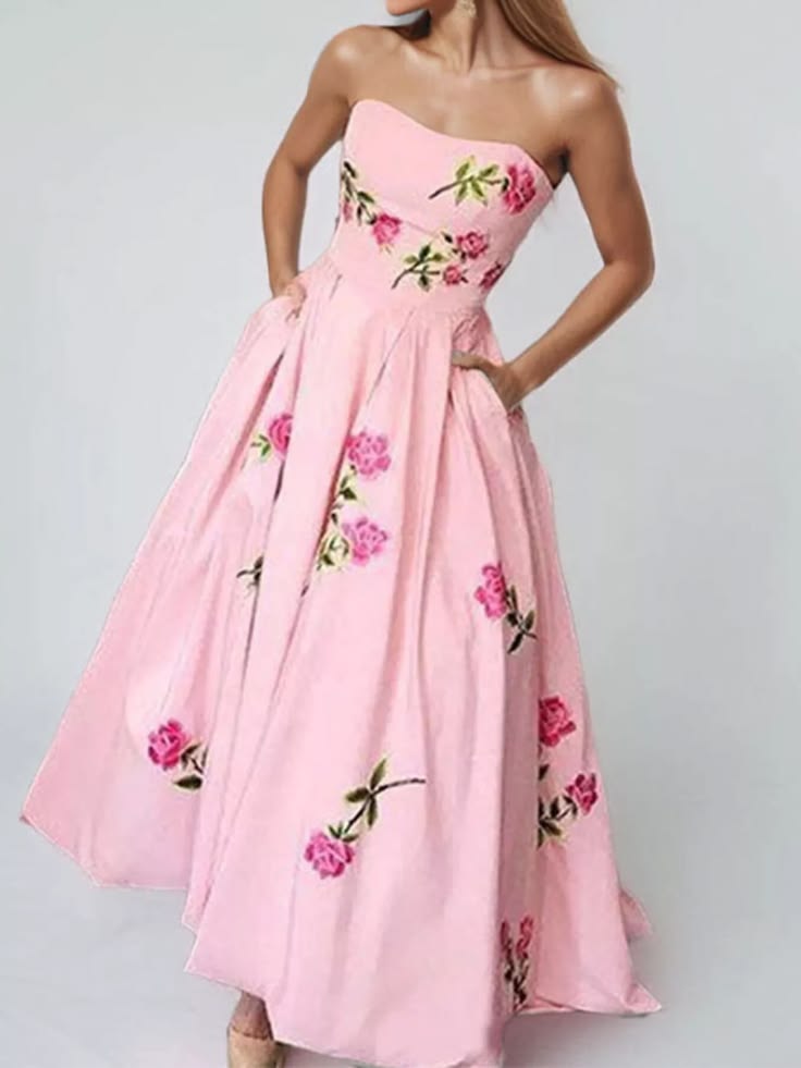 Floral Print Tube Maxi Dress Tan