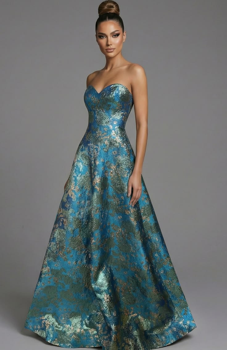 A Line Long Formal Floral Metallic Prom Dress 51694 Turquoise Multi